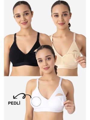 Çıkarılabilir Pedli Emzirme Sütyeni 3'lü Beyaz Siyah Ten  Pamuklu Göğüs Ucu Belli Etmez