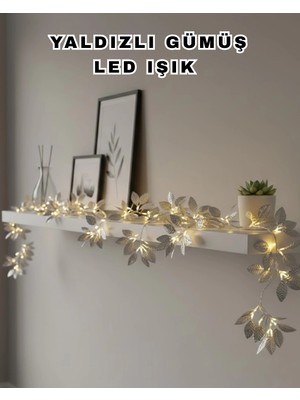 Depozee Yaldızlı Gümüş Yaprak LED Işık Pilli Dekoratif Ortam ve Yılbaşı Aydınlatması