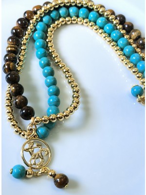 Thinblack Kolye -Yay Burcu Turkuaz ve Kaplan Gözü Doğal taşlı-Altın Kaplamalı Dorika Boncuklu -Şans kolyesi