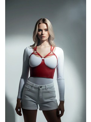 Marsilyan Göğüs Detaylı Deri Kırmız Harness Büstiyer, Şık Deri Korse - APFT872