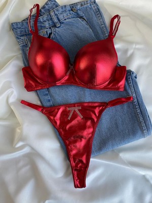 Gold Night Kadın Deri Taşlı Fiyonklu Balenli Destekli Dolgulu Push Up Sütyen Takımı Iç Çamaşırı Takımı