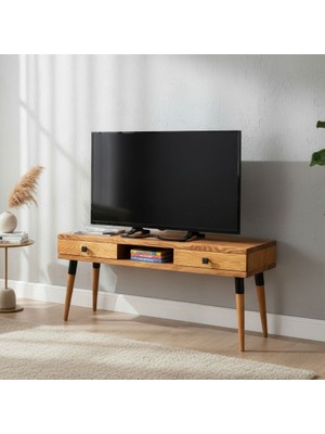 Mobenta Masif Ahşap Tv Ünitesi 150 cm – Iskandinav Stil, Doğal, 2 Çekmeceli ve 1 Raflı | Modest TV-150 Tk
