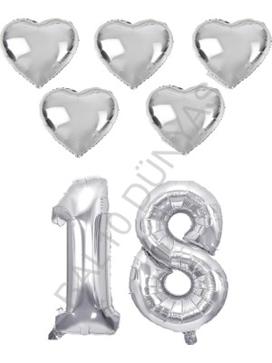 Bal10 Dünyası BAL10 Gümüş Renk 18 Yaş Doğum Günü Folyo Balon Kutlama Seti
