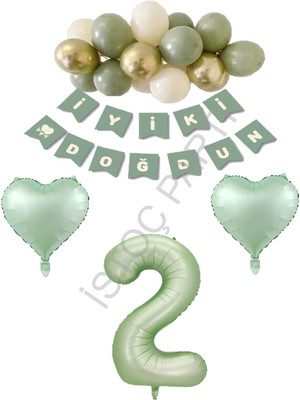İstoç Parti Istoç Parti Yeşil Renk Rakam Kalp Banner Latex Balon Doğum Günü Seti Yaş-2