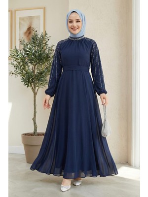 Kadın Taş Işlemeli Içi Astarlı Lacivert Şifon Tesettür Elbise