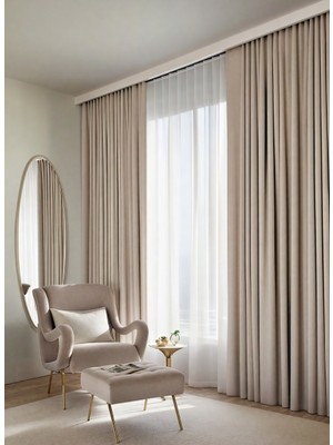 Bercem Home Kadife Dokulu Ekstrafor Büzgülü Fon Perde - Taş - Tek Kanat - (Pilesiz Dikim)