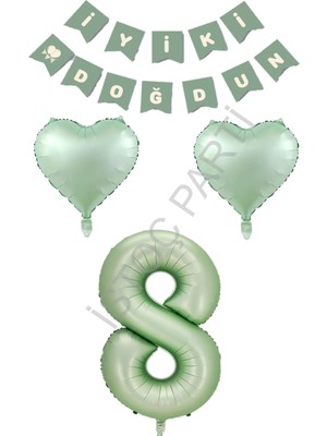 İstoç Parti Istoç Parti Yeşil Renk Rakam Kalp Banner Doğum Günü Seti Yaş-8