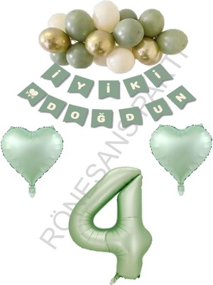 Rönesans Parti Rönesans Yeşil Renk Rakam Kalp Banner Latex Balon Doğum Günü Seti Yaş-4