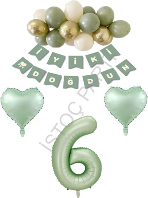 İstoç Parti Istoç Parti Yeşil Renk Rakam Kalp Banner Latex Balon Doğum Günü Seti Yaş-6