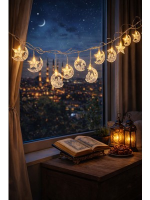 CoverZone 10 Lu 2 Metre Fişli LED Ramazan Temalı Şeffaf Süs Dekorasyon Sarı Işık Aydınlatma Oda Balkon Süsleme