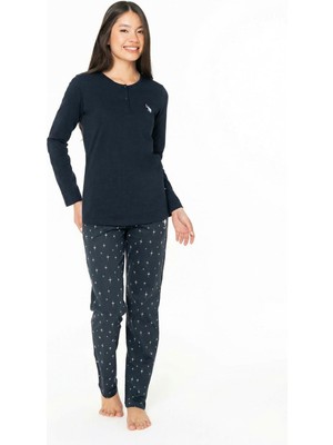 Kadın Uzun Kol Yarım Düğmeli Lacivert Pijama Takımı C8T5N102
