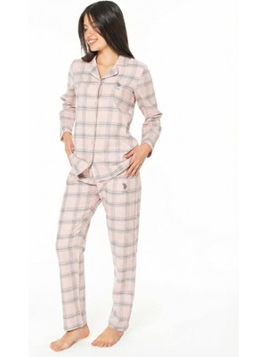 Kadın Uzun Kol Önden Düğmeli Pembe Pijama Takımı C8T6N102
