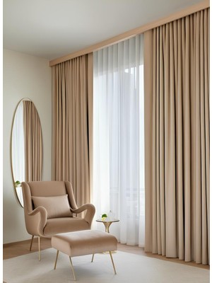 Bercem Home Kadife Dokulu Ekstrafor Büzgülü Fon Perde - Bej - Tek Kanat - (Pilesiz Dikim)