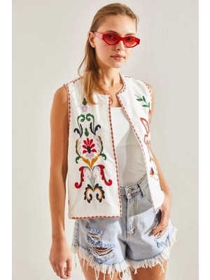 Septemmart Etnik Nakışlı Ajurlu Işleme %100 Pamuklu Kadın Yelek - Ceket