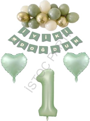 İstoç Parti Istoç Parti Yeşil Renk Rakam Kalp Banner Latex Balon Doğum Günü Seti Yaş-1