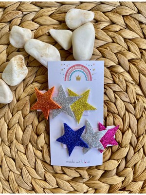 The Littles Kids Parlak Yıldız Şeklinde Karışık Renkli Simli Çıtçıtlı El Yapımı Iki Çift Çocuk Toka