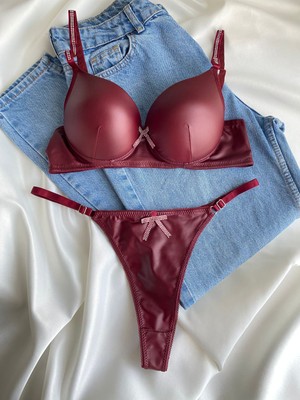 Gold Night Kadın Deri Taşlı Fiyonklu Balenli Destekli Dolgulu Push Up Sütyen Takımı Iç Çamaşırı Takımı