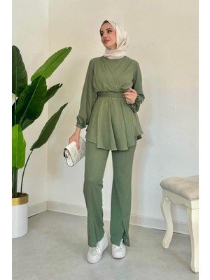 Tesettür Diyarı V Çapraz Bürümcük Kumaş Tesetür Takım - Haki