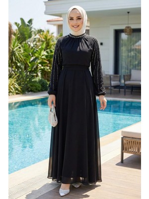 Kadın Taş Işlemeli Içi Astarlı Siyah Şifon Tesettür Elbise