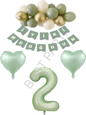 Best Parti Best Yeşil Renk Rakam Kalp Banner Latex Balon Doğum Günü Seti Yaş-2