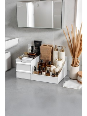 Fesya Home Elegance Banyo Düzenleyici Pratik Banyo Organizeri Krem, Diş Fırçası, Şampuan Organizer - Beyaz