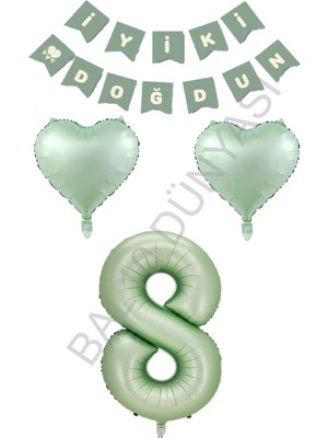 Bal10 Dünyası BAL10 Yeşil Renk Rakam Kalp Banner Doğum Günü Seti Yaş-8