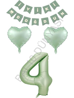 Bal10 Dünyası BAL10 Yeşil Renk Rakam Kalp Banner Doğum Günü Seti Yaş-4