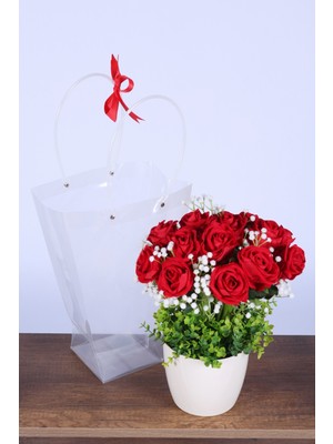 Yapay Çiçek Sitesi Saksılı Çiçek Aranjmanı (Şeffaf Çanta Hediyeli) Model 6