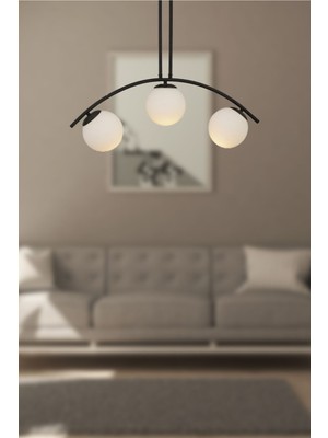 Normadia Modern Siyah Kasa Beyaz Camlı Yemek Masası ve 3 Lü Avize Takımı