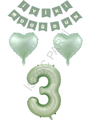 İstoç Parti Istoç Parti Yeşil Renk Rakam Kalp Banner Doğum Günü Seti Yaş-3