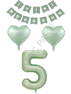 İstoç Parti Istoç Parti Yeşil Renk Rakam Kalp Banner Doğum Günü Seti Yaş-5