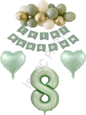 İstoç Parti Istoç Parti Yeşil Renk Rakam Kalp Banner Latex Balon Doğum Günü Seti Yaş-8