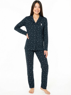 Kadın Uzun Kol Önden Düğmeli Lacivert Pijama Takımı C3T7N102