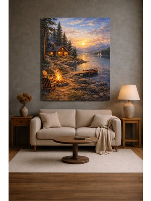 Artease Göl Kenarında Dağ Evi Kanvas Tablo