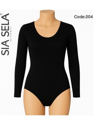 Belpa Sıla Sella Kadın Siyah Uzun Kollu Yuvarlak Yaka Body