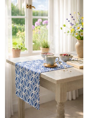Rona Home Modern Geometrik Desenli Mavi Runner Kaliteli Kumaş Leke Dirençli Salon Masası Dekoratif Örtüsü