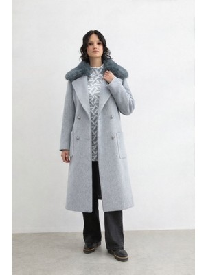 Doque 57039 Yakası Kürklü Önden Çift Cepli Beli Kemerli Kaşe Kaban #12-25#