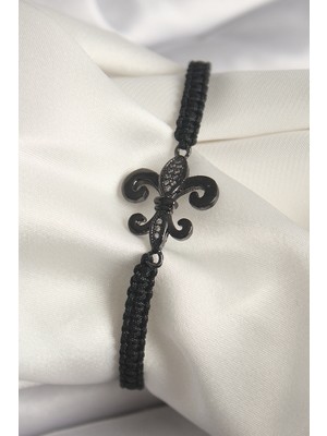 Net Damla Pirinç Siyah Renk Zirkon Taş Işlemeli Zambak Figür Asansörlü Makrome Model Kadın Bileklik