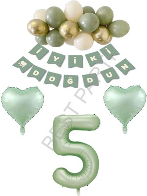 Best Parti Best Yeşil Renk Rakam Kalp Banner Latex Balon Doğum Günü Seti Yaş-5