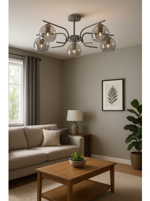 Normadia Modern Gri Füme Camlı 5'li Avize, Şık ve Zarif Aydınlatma Seti