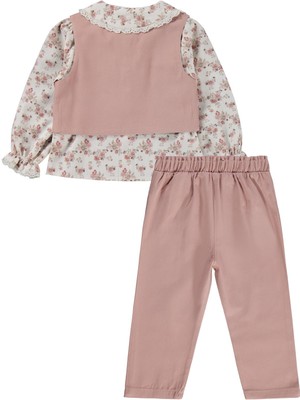 Lüks Kumru Tekstil Civil Girls Yelek Pantolon Çiçekli Gömlek 3 Lü 2-5 Yaş Takım - Pembe 5-6 Yaş