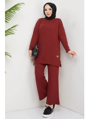 Tesettür Diyarı Bol Kesim Tuniği Bisiklet Yaka Alt Üst Tesettür Takım- Bordo