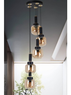 Normadia Şık Siyah ve Gold Bal Camlı 5'li Sarkıt Avize, Modern ve Zarif Aydınlatma