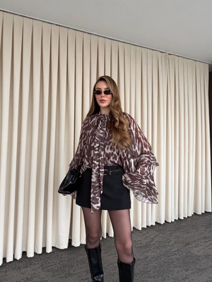 Laluvia Kahverengi Bağlamalı Şifon Bluz - 5024