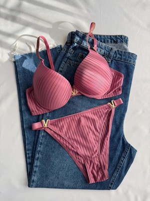 Gold Night Kadın Taşlı Çizgili V Model Destekli Balenli Sütyen Takım Iç Çamaşırı Takımı