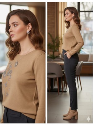 Fierte Günay Kadın Bluz LNST419 Yuvarlak Yaka Taş Işleme