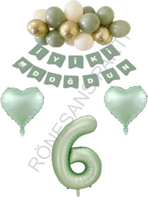 Rönesans Parti Rönesans Yeşil Renk Rakam Kalp Banner Latex Balon Doğum Günü Seti Yaş-6
