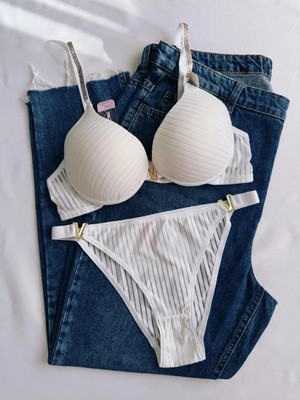 Gold Night Kadın Taşlı Çizgili V Model Destekli Balenli Sütyen Takım Iç Çamaşırı Takımı
