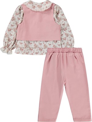 Lüks Kumru Tekstil Civil Girls Yelek Pantolon Çiçekli Gömlek 3 Lü 2-5 Yaş Takım - Pembe 2-3 Yaş