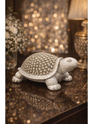 Beyaz Kaplumbağa Dekor Figürü 13 cm | Polyester Şık Obje Kristal Taşı Detaylı